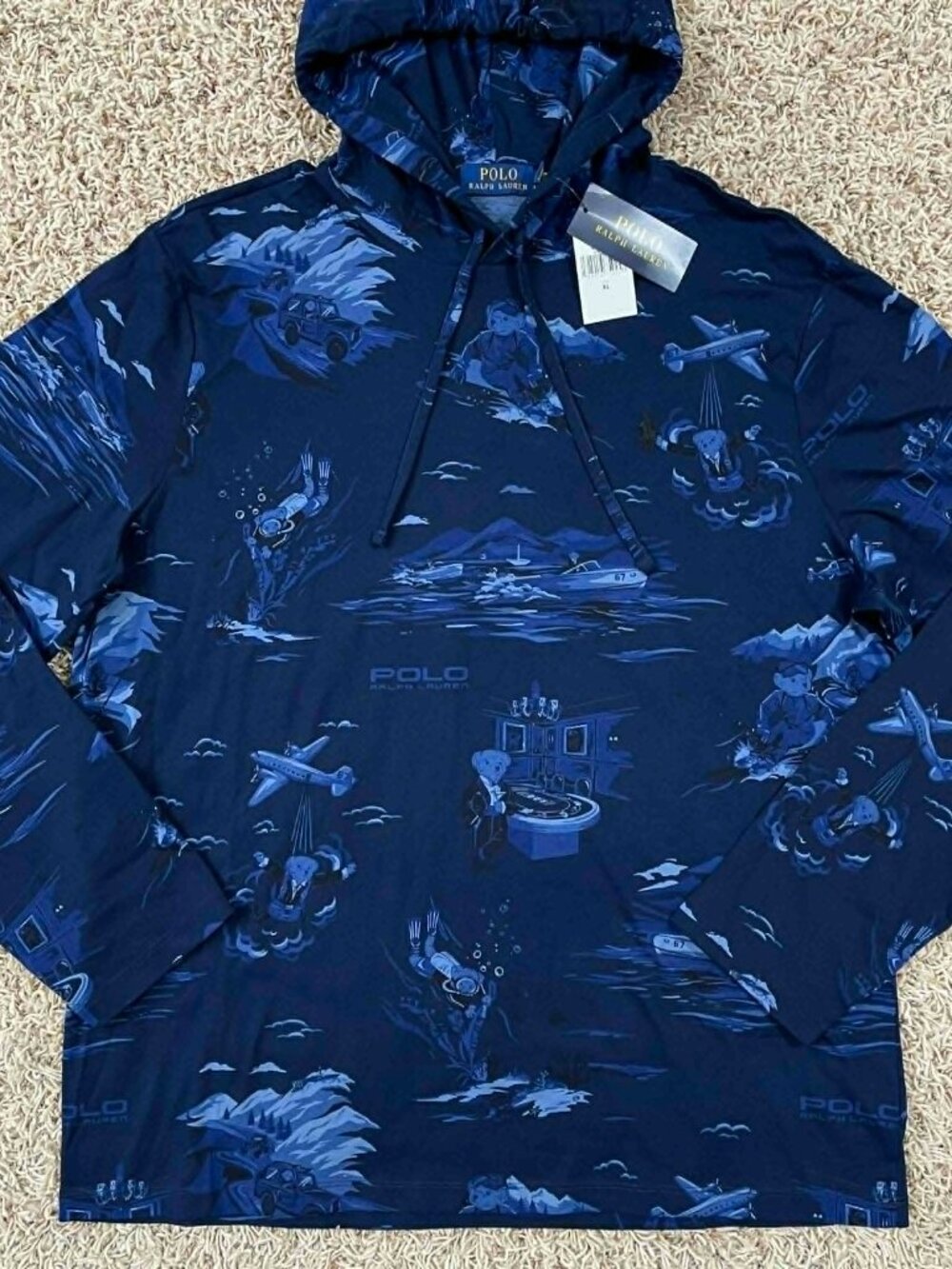 Polo Ralph Lauren Men's Long-Sleeve Animated Hooded T-Shirt Navy, Size XL (New)